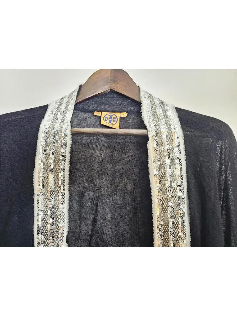 Tory Burch Cardigan Black & Silver Women Size M Linen Sheer